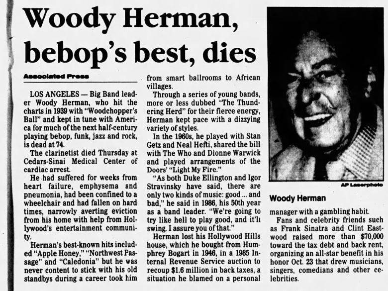 WOODY HERMAN, BEBOPS BEST, DEAD AT 74